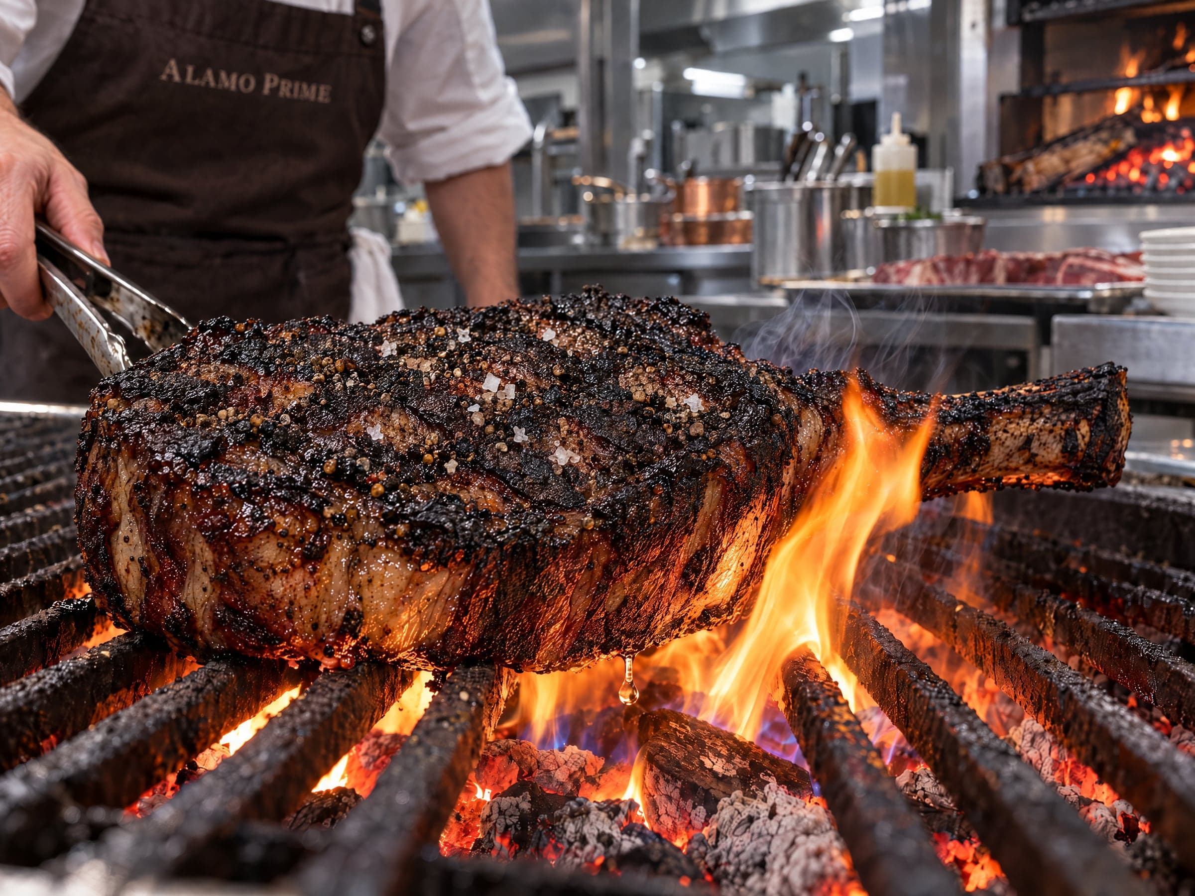 A bone-in ribeye with a charred, peppered crust on cast-iron grill bars as orange flames lick up from glowing coals beneath it.