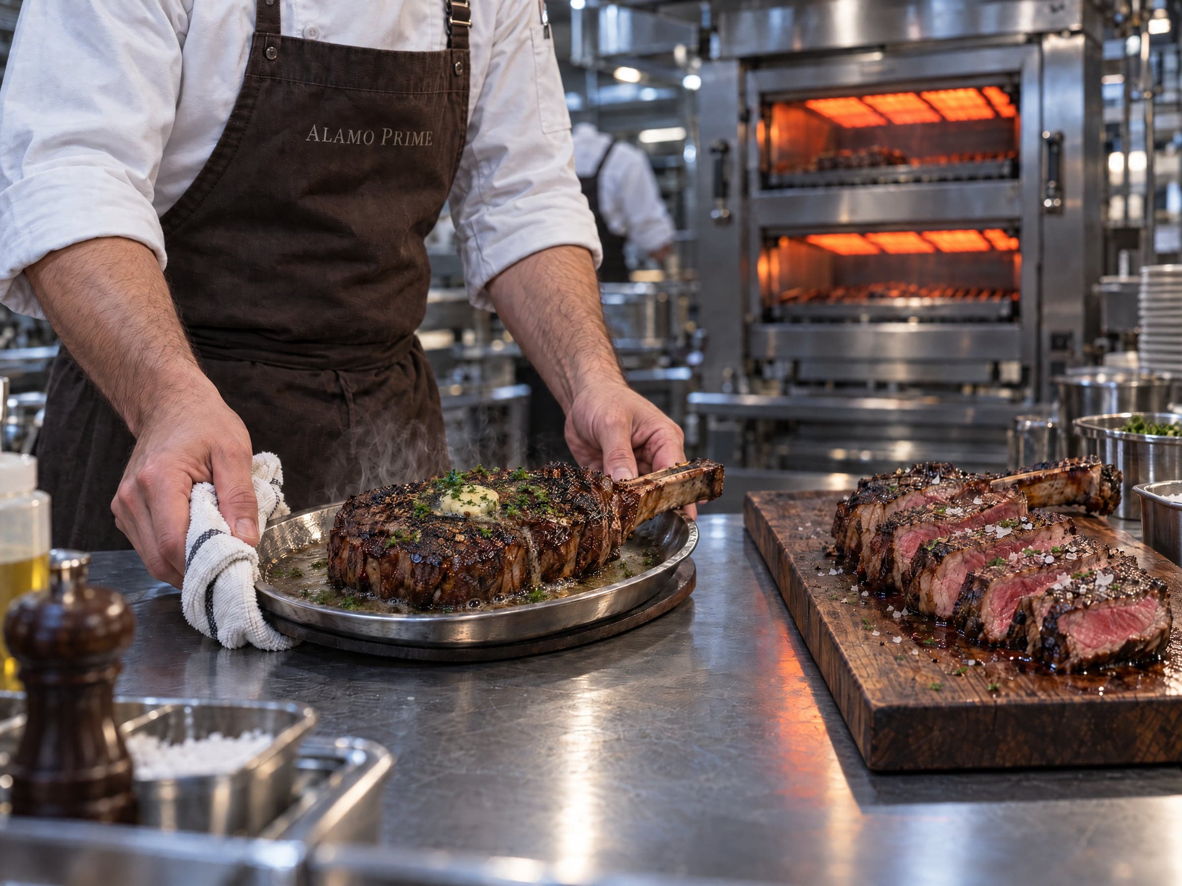 A broiled bone-in ribeye on a hot steel platter with herbed compound butter melting over its crust, beside thick slices showing a thin dark crust and pink interior, on the stainless kitchen pass.
