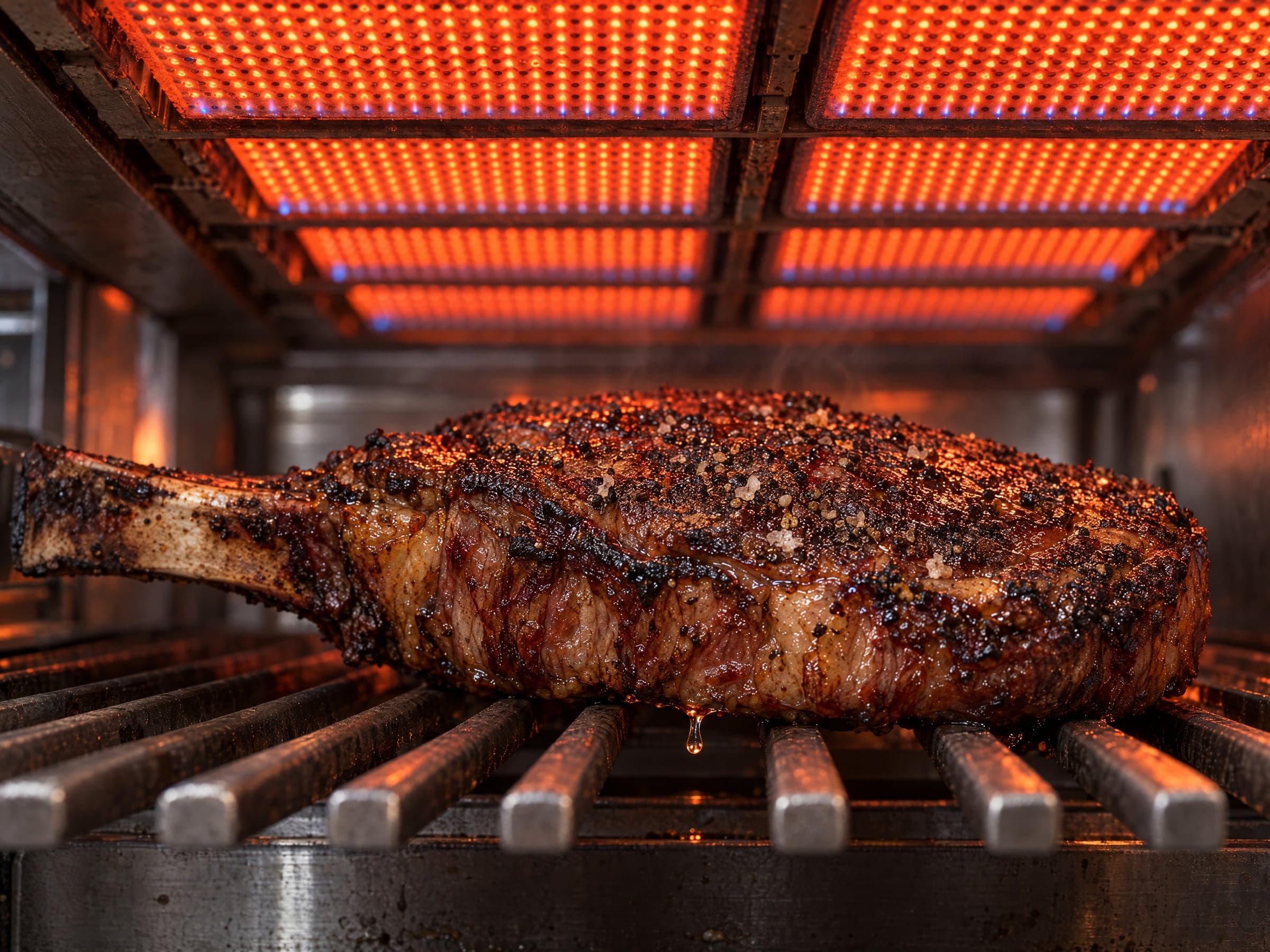 A thick ribeye with an even dark crust on steel broiler bars beneath a ceiling of glowing orange perforated ceramic tiles.