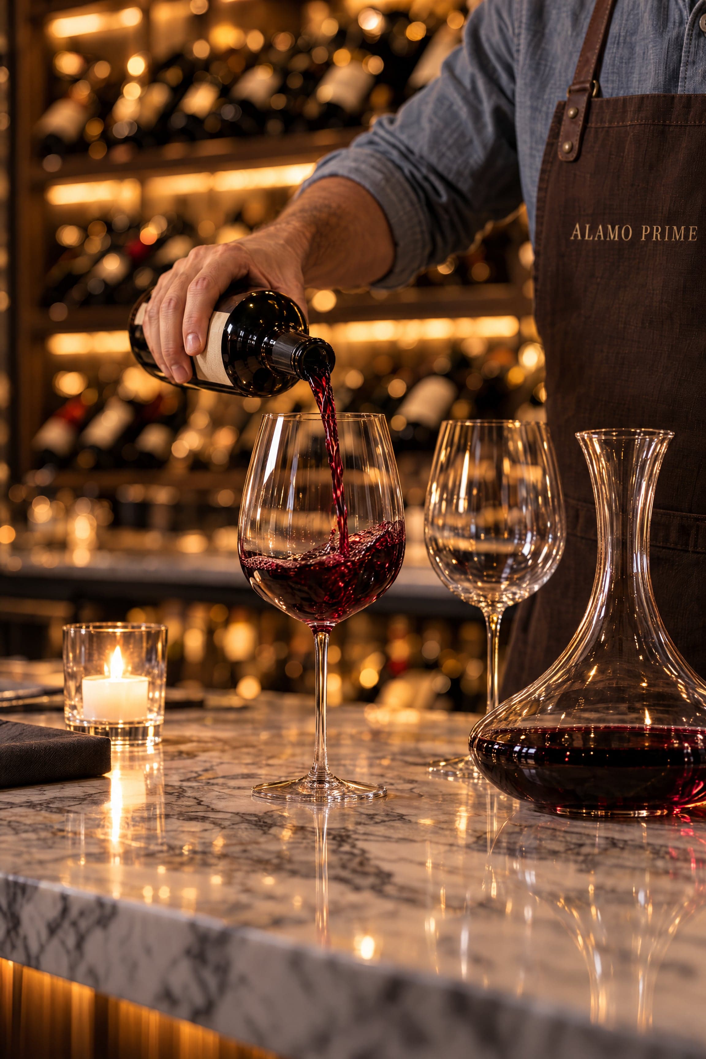A server pouring red wine into a glass beside a decanter at the Alamo Prime bar, candlelight and lit wine shelves behind.