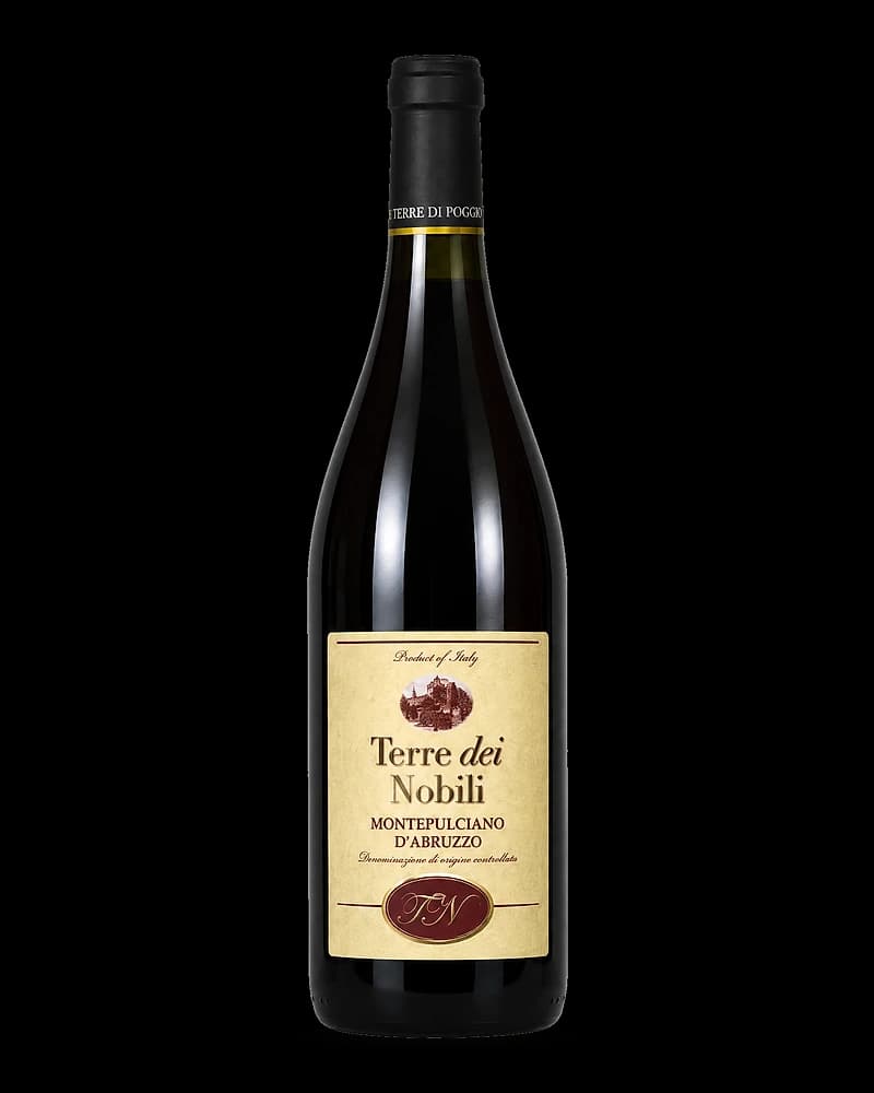 Bottle of Terre dei Nobili Montepulciano d’Abruzzo with a cream parchment label and burgundy medallion.