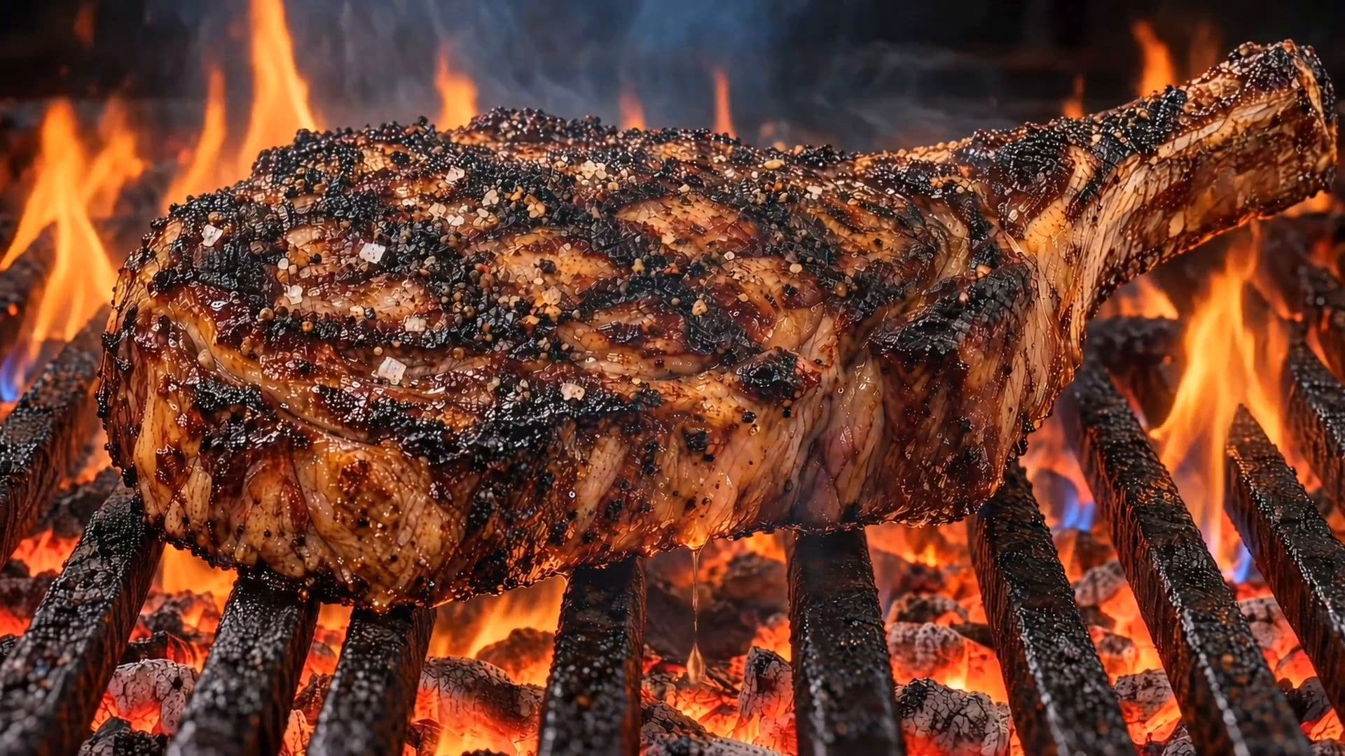 A dry-aged ribeye searing over open flame at Alamo Prime Steakhouse.
