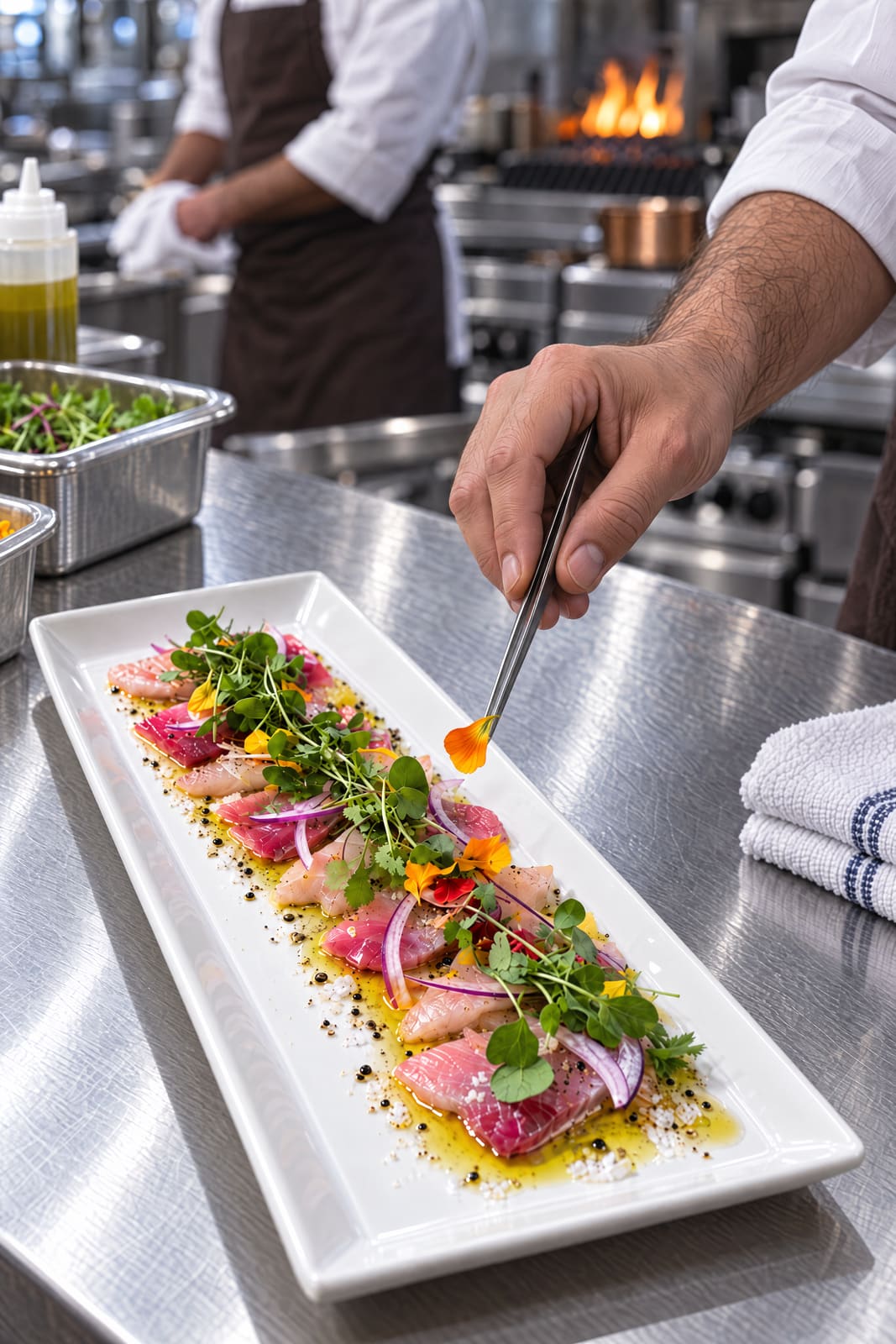 A chef finishing a long plate of hamachi crudo with tweezers on the pass.