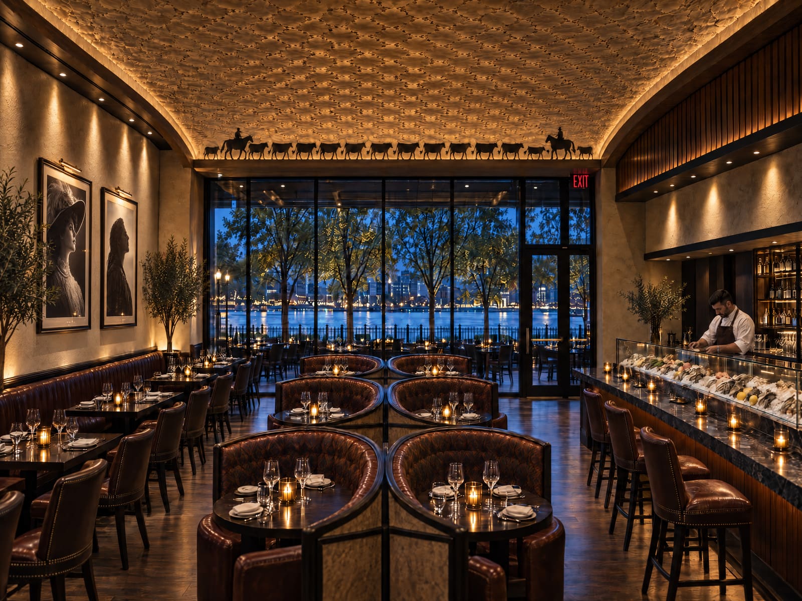 The main dining room at blue hour.