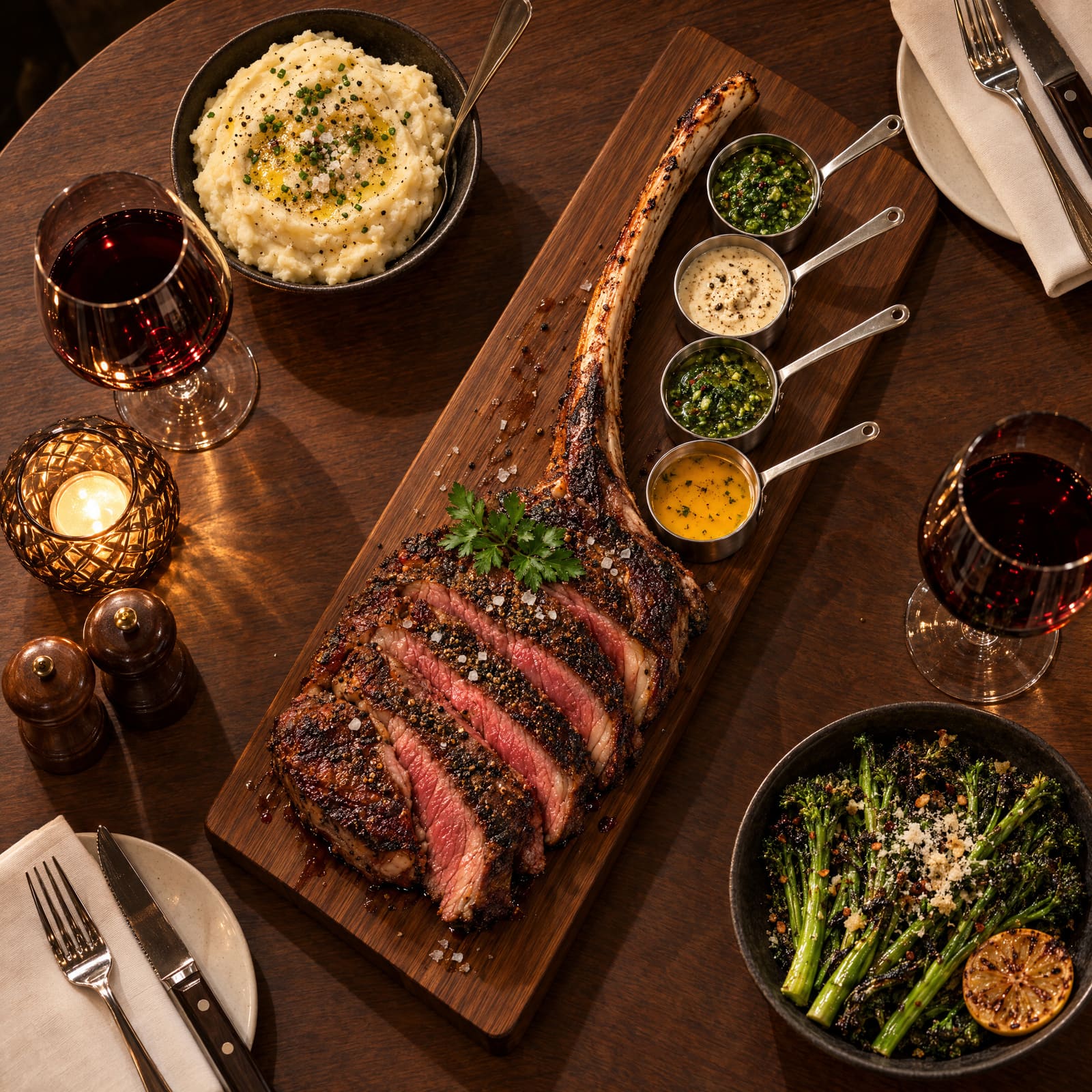 A Texas wagyu tomahawk, sliced and served with sides.