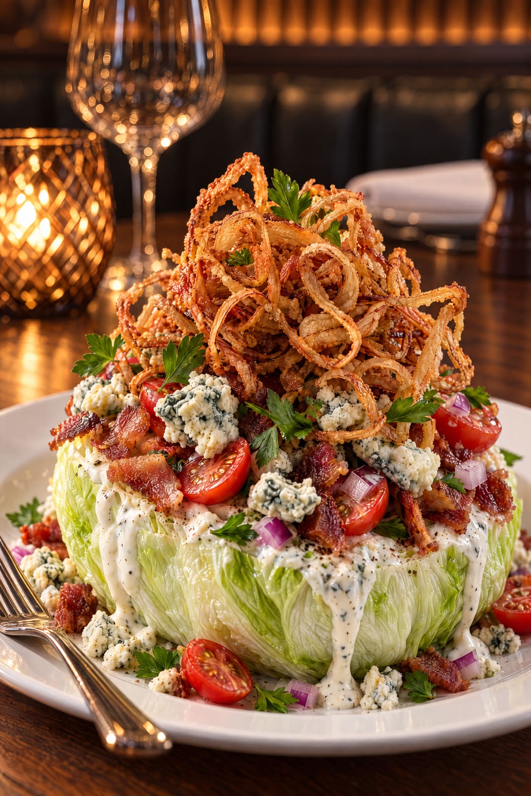 The wedge, blue cheese and crispy onions.