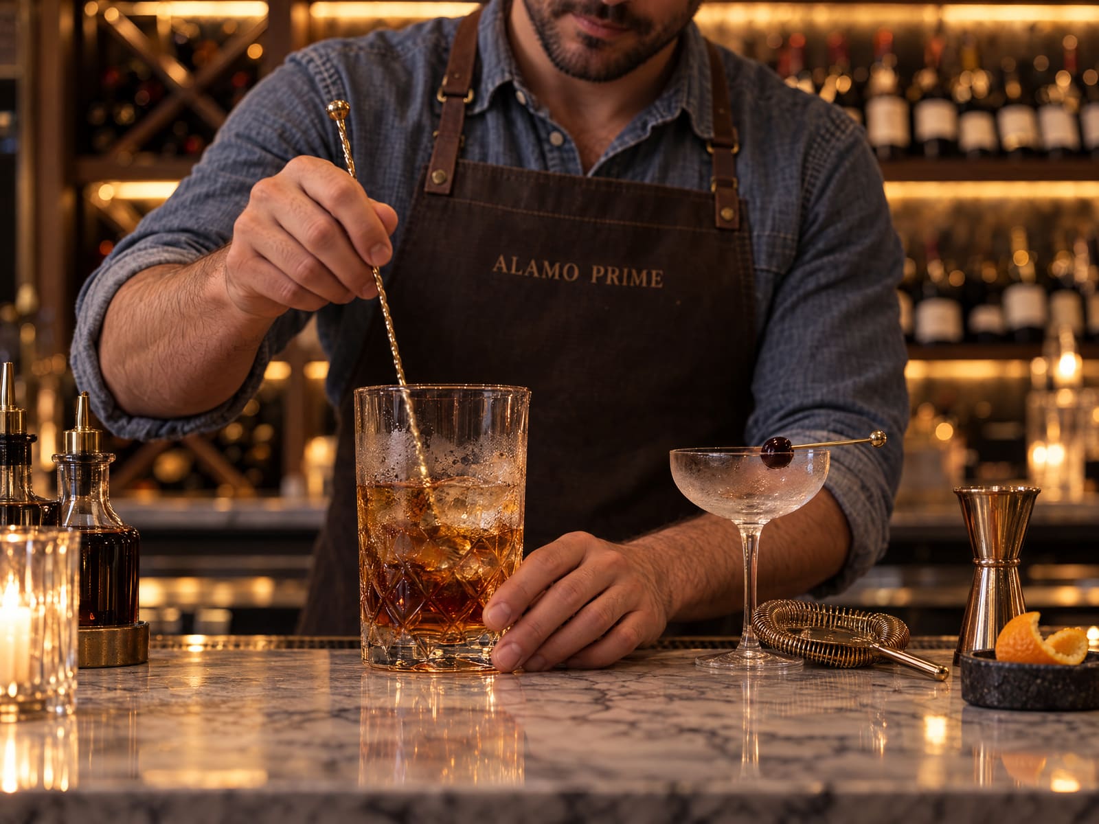Stirring a rye cocktail behind the bar.