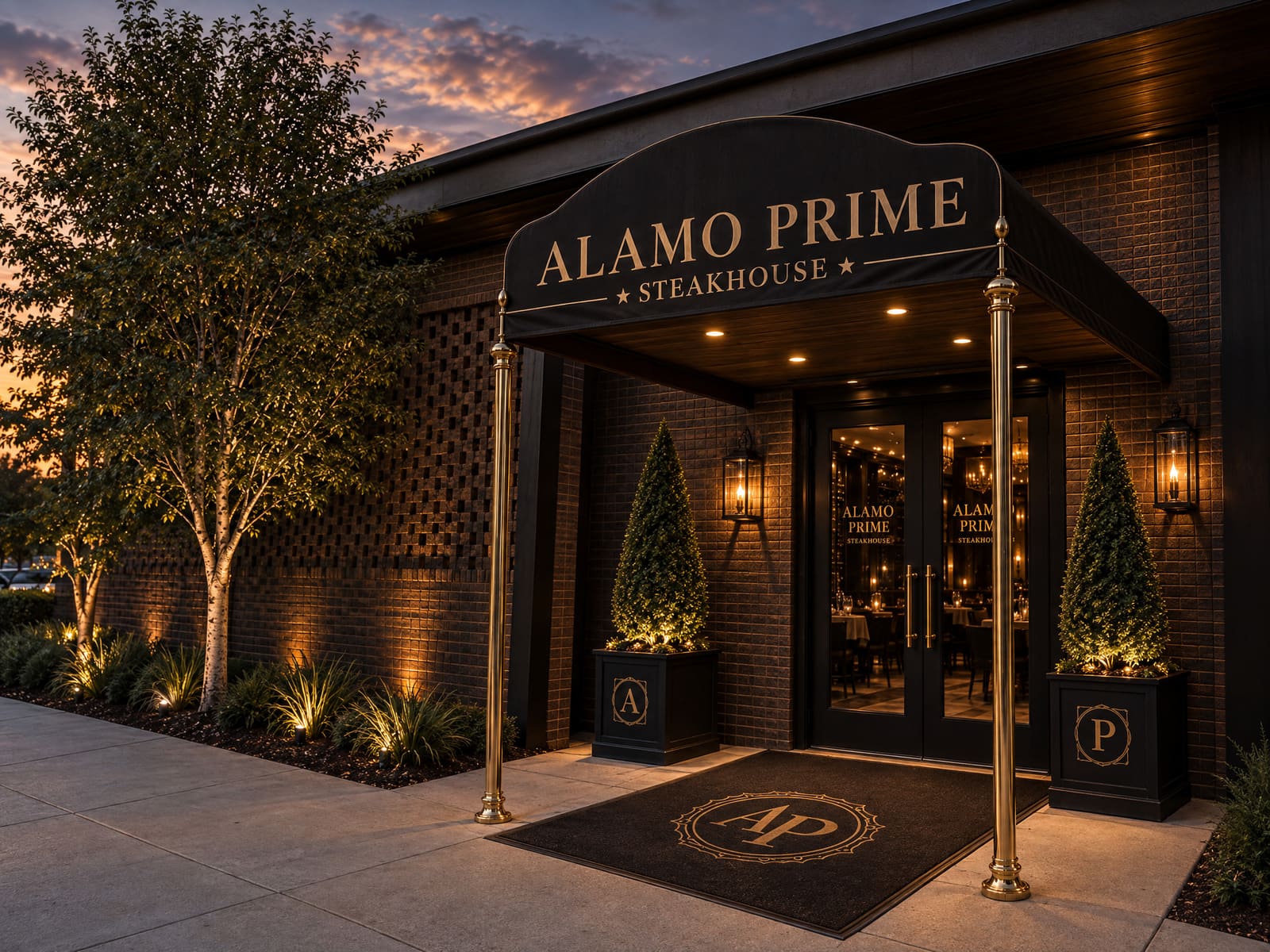 The entrance under the awning at dusk.
