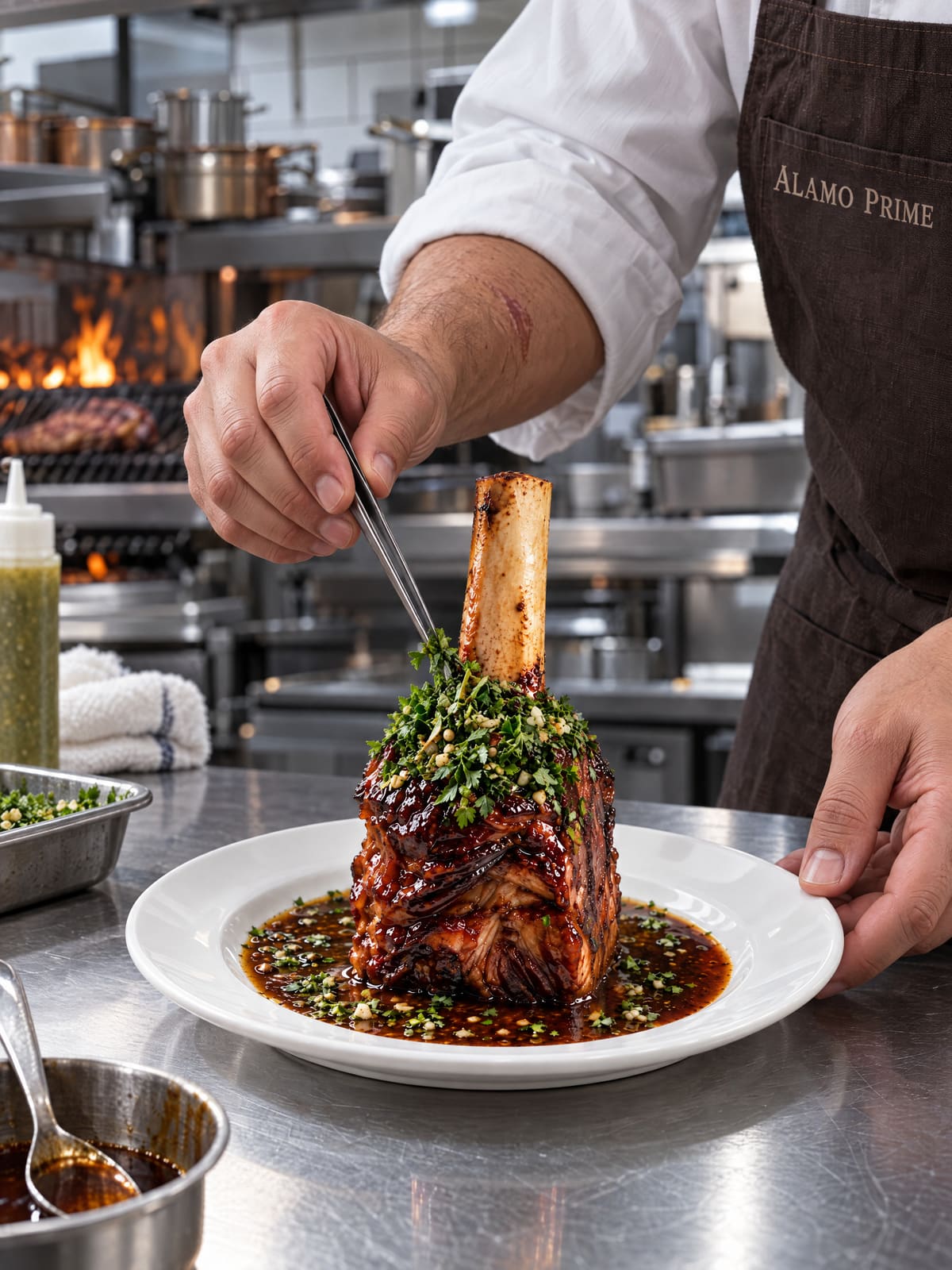 Plating the short rib at the pass.