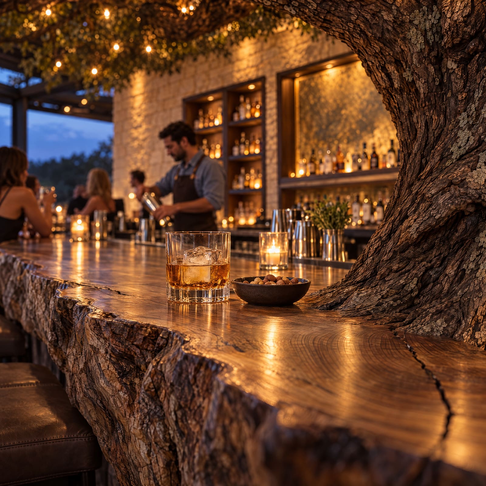 Whiskey on the live-edge oak bar at dusk.