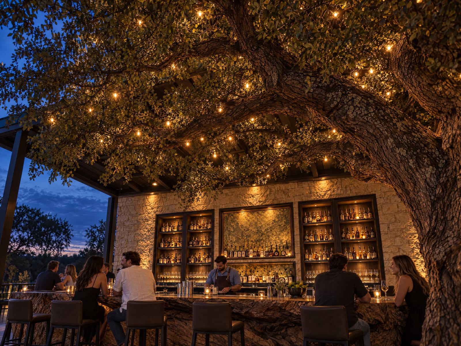 String lights in the live oak over the outdoor bar.