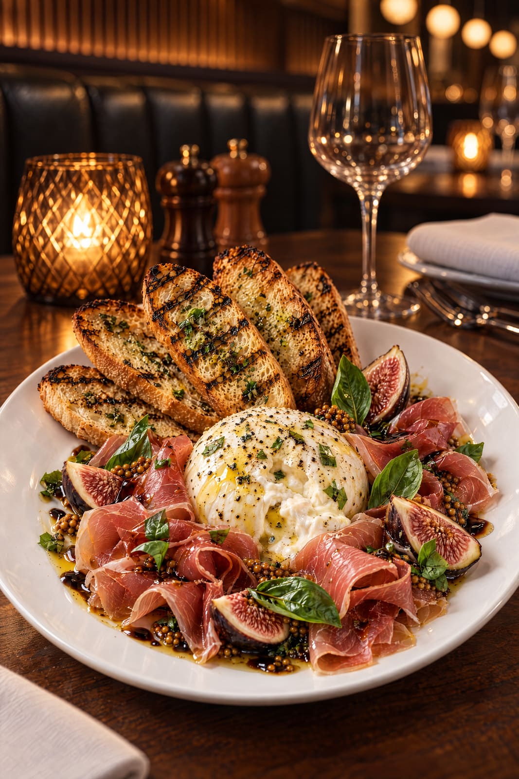 Burrata with prosciutto, figs and grilled bread.