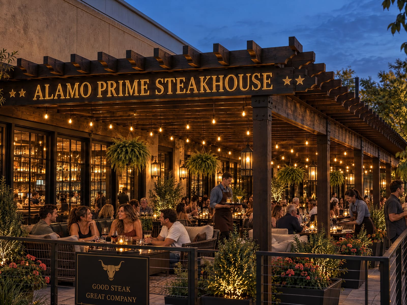 The patio under the string lights at blue hour.