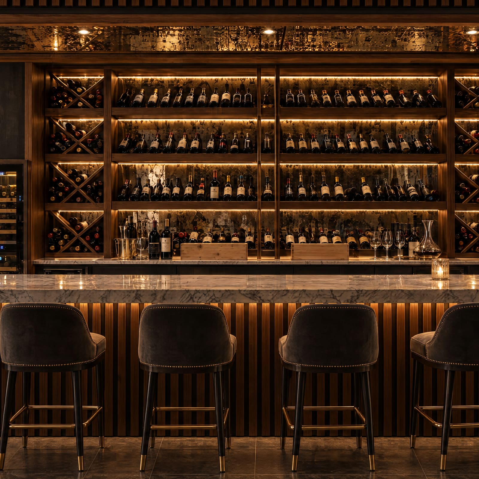 The wine bar at night, with backlit shelves of bottles, a marble counter and velvet bar stools.
