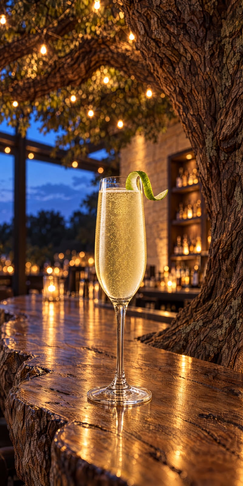The Silver Lariat, a sparkling tequila cocktail with a lime twist, on the live-edge tree bar.