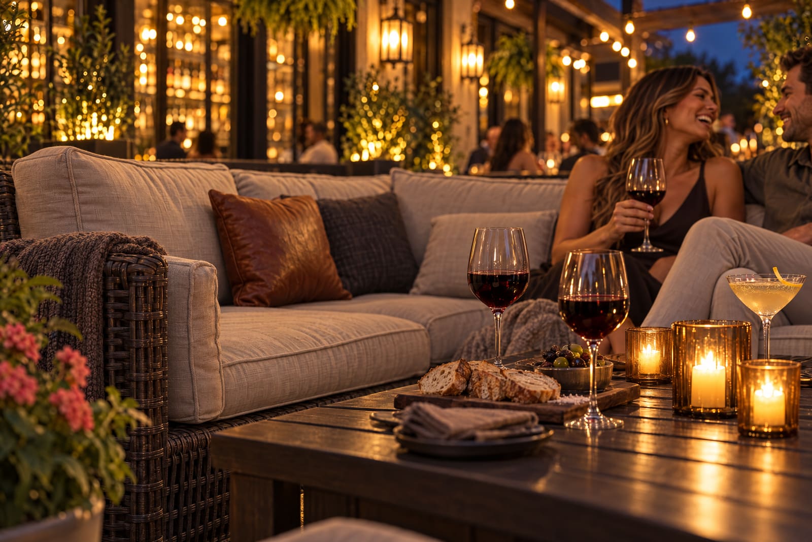 Deep lounge sofas with candles and wine on the patio.