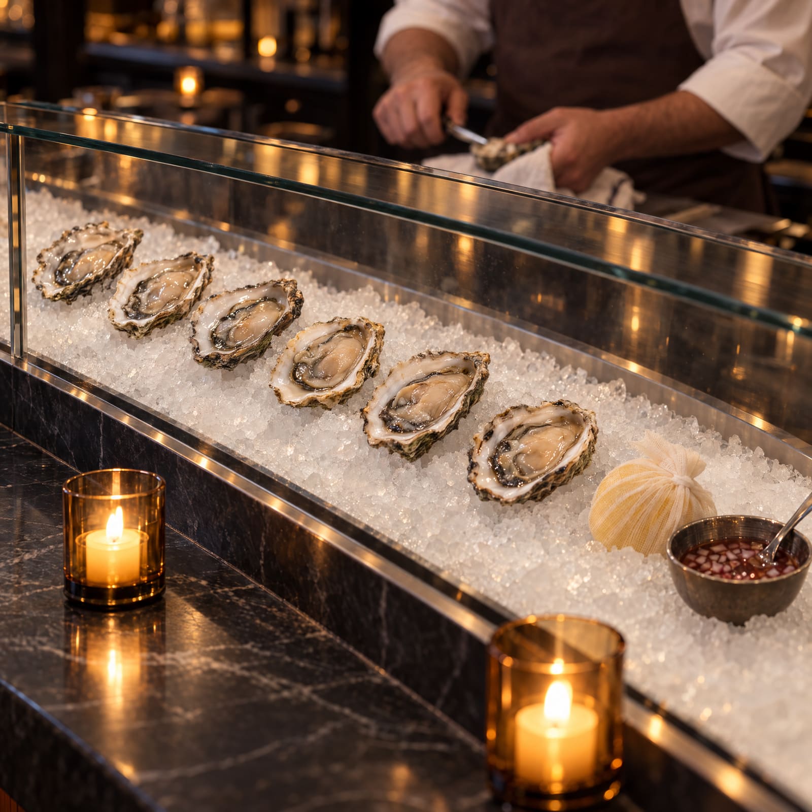 Oysters on the half shell on crushed ice at the raw bar, with candles on the black stone counter.